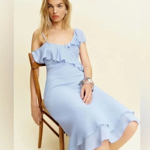 NEW Reformation Martine Midi Asymmetric Dress Ice Water Light Blue | size XS - Picture 5 of 13